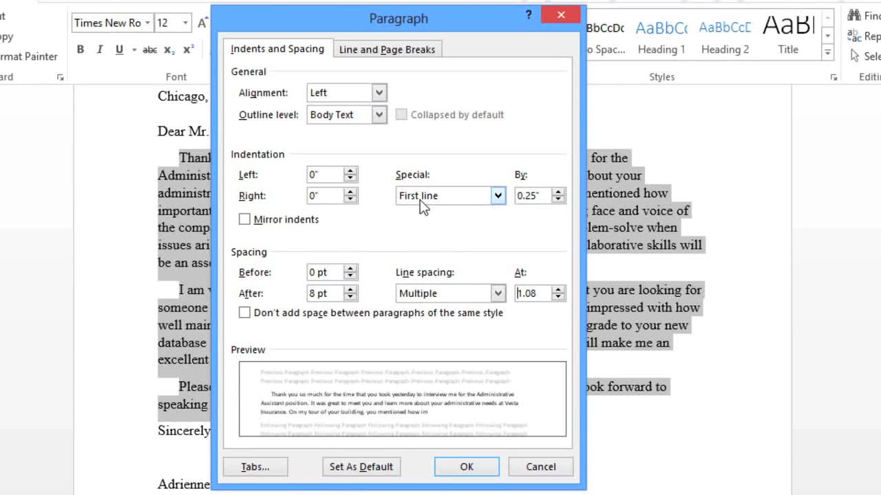 how to set default paragraph spacing in word 2013