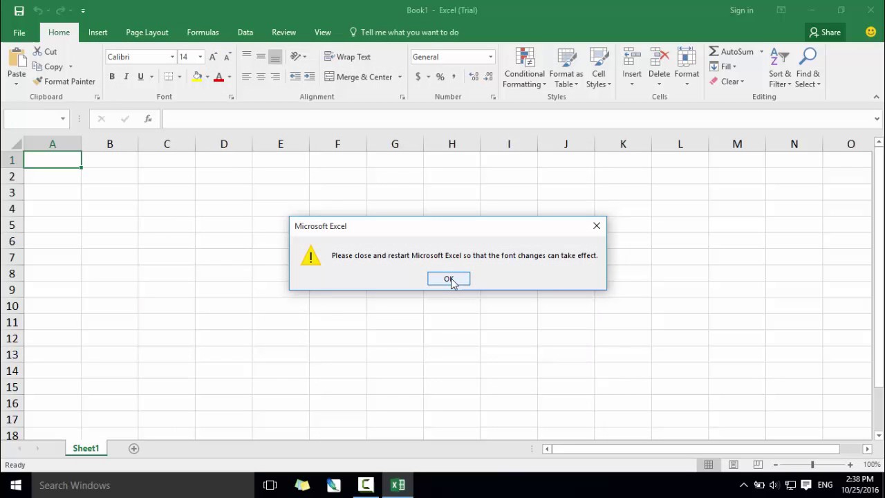 Cách thiết lập font chữ mặc định trong Excel 2016