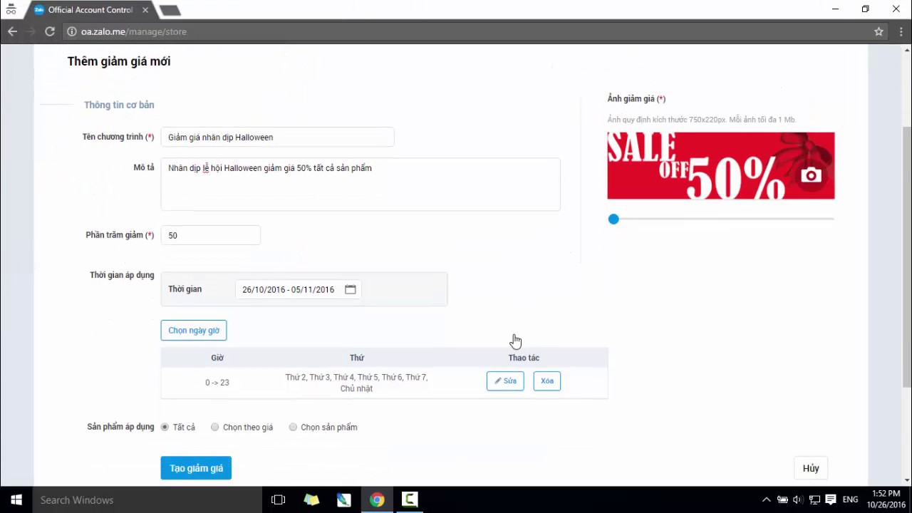 Cách tạo chương trình giảm giá trên Zalo Shop