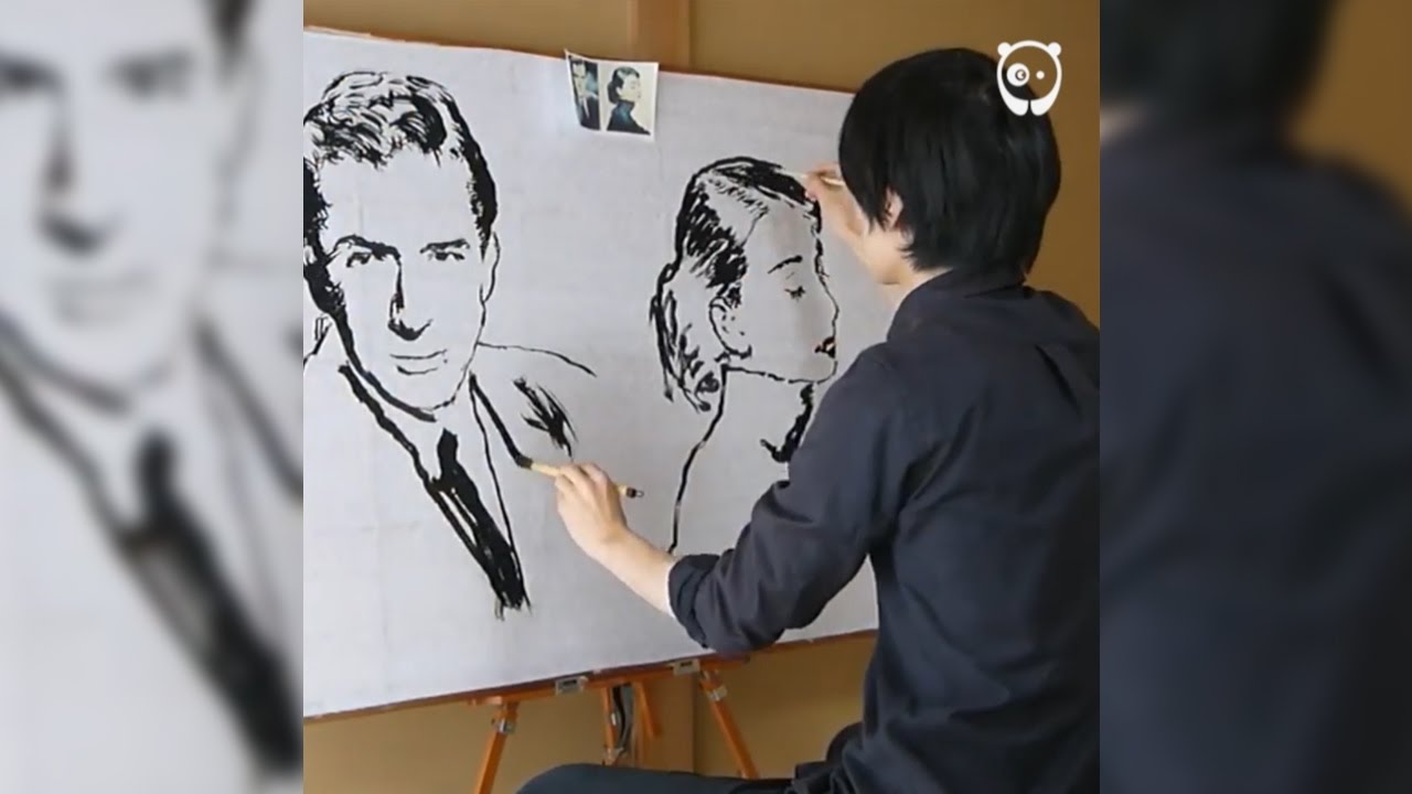 Japanese artist draws two separate portraits simultaneously