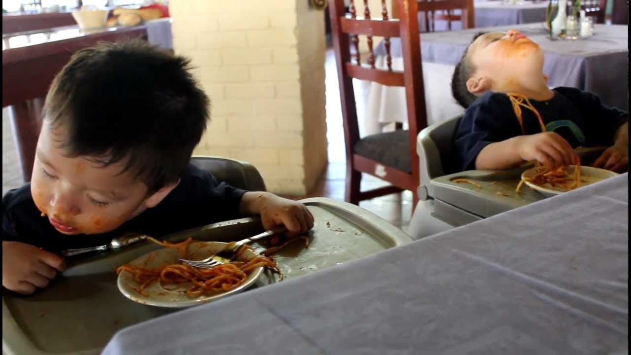 Cutie twins Aj and Mj fall asleep eating spaghetti