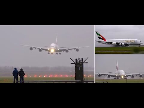 Máy bay A380 trổ tài hạ cánh chiều ngang trong bão lớn