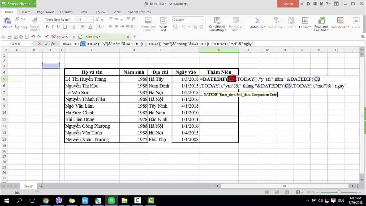 Hướng dẫn tính thâm niên công tác trong Excel