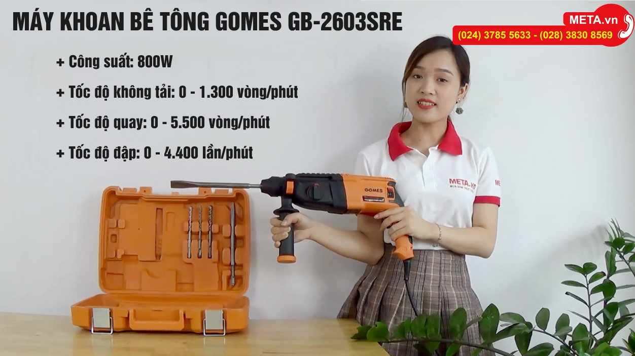 Đập hộp bộ máy khoan bê tông Gomes GB-2603SRE gồm 3 mũi khoan, 2 mũi đục, giá chỉ 990.000đ