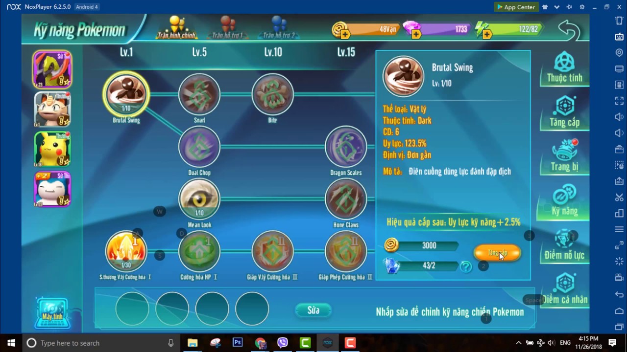 Cách trang bị Kỹ năng và tăng cấp Kỹ năng Pokemon trong Làng Quái Thú