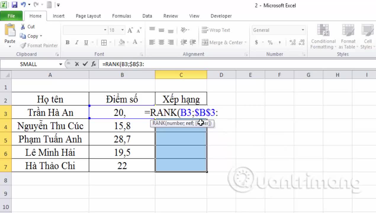 Hàm RANK trên Excel
