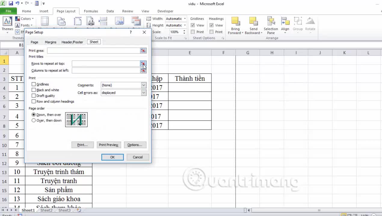 Lặp lại tiêu đề Excel khi in