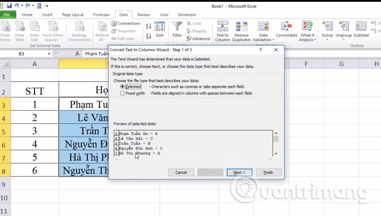 Cách tách nội dung cột Excel