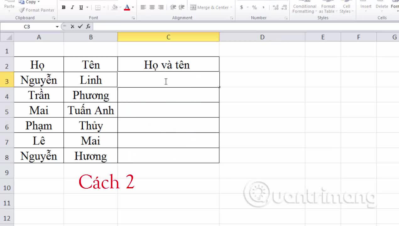 Cách gộp 2 cột Họ và Tên trong Excel