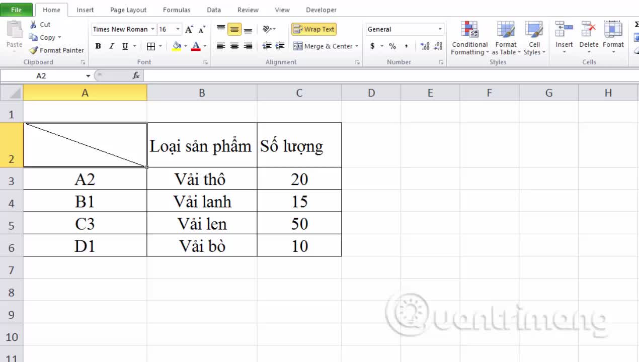 Cách tạo đường kẻ chéo ô trên Excel