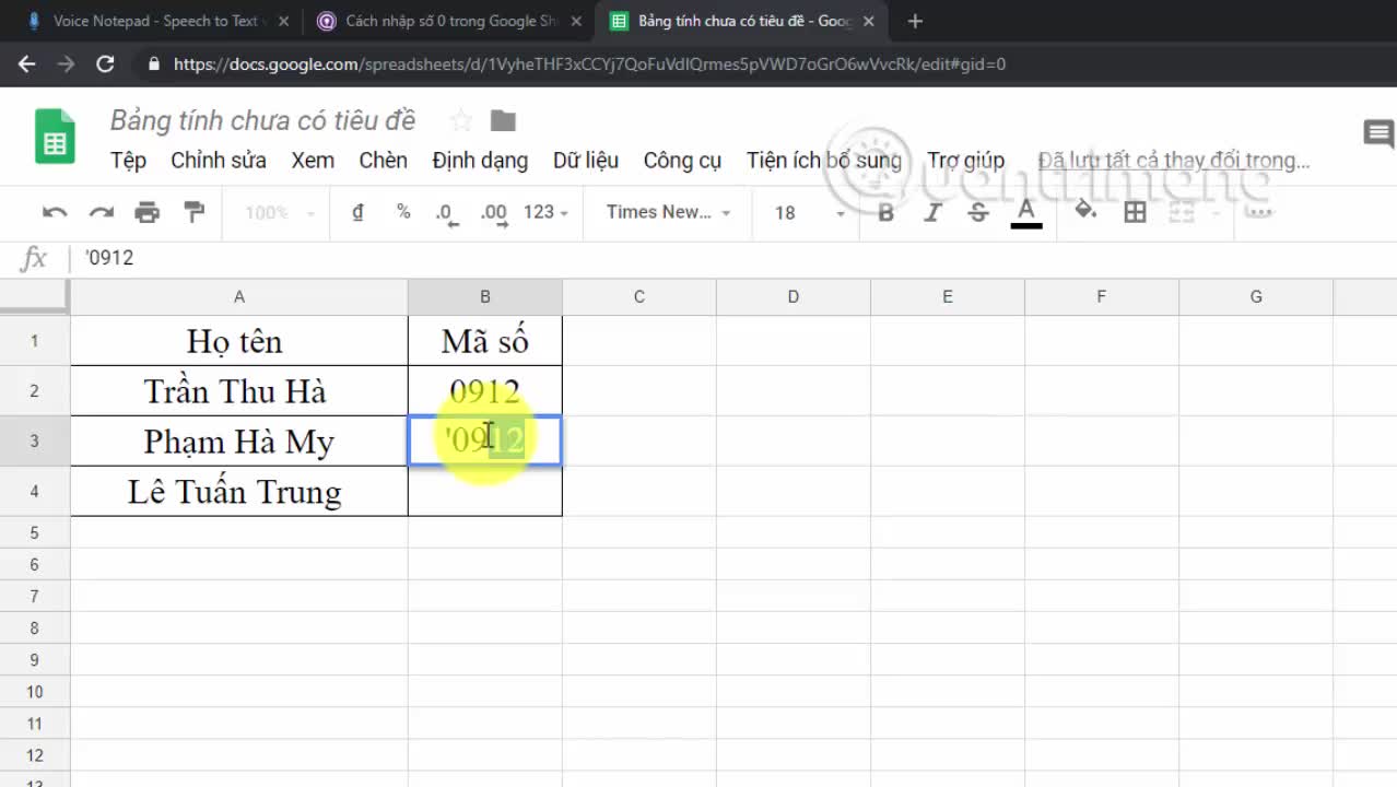 Cách nhập số 0 trong Google Sheets