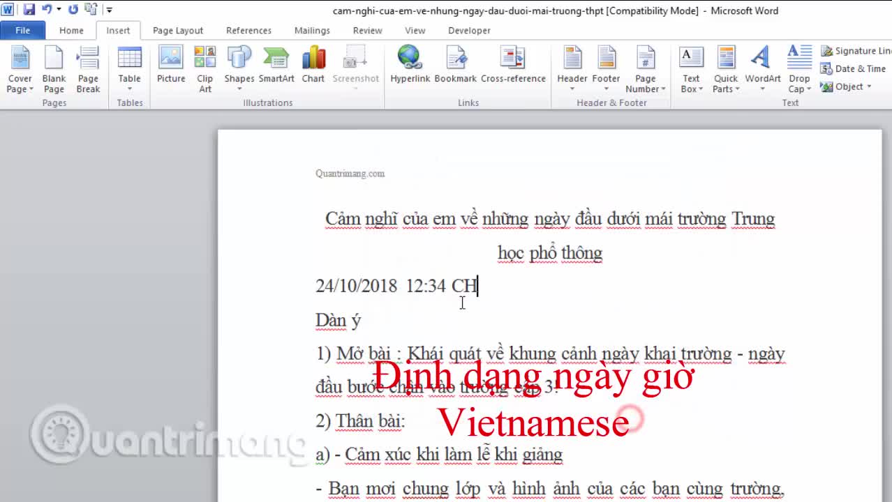Chèn ngày giờ vào Word