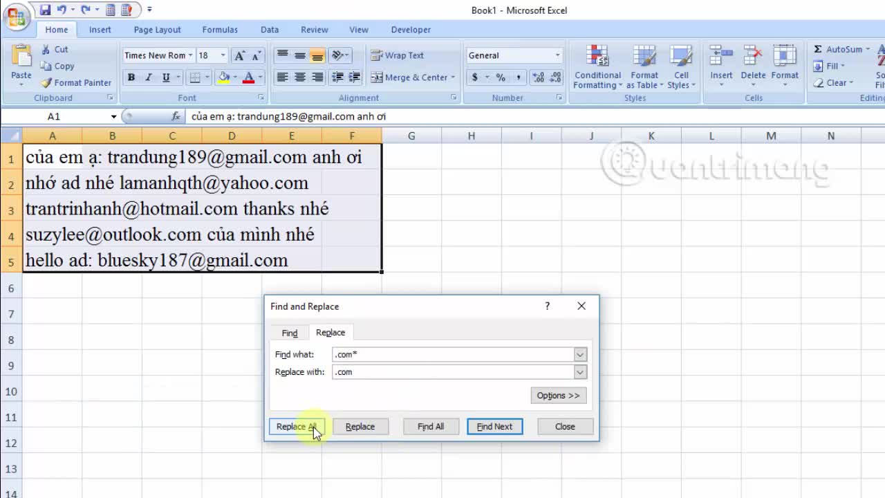 Cách tách địa chỉ email trong danh sách Excel