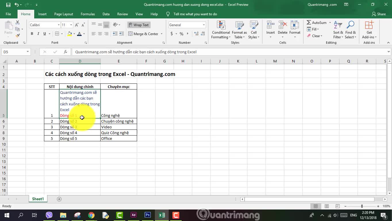 Cách xuống dòng, ngắt dòng trong Excel