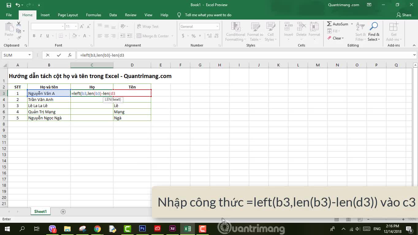 Hướng dẫn tách cột họ và tên trong Excel