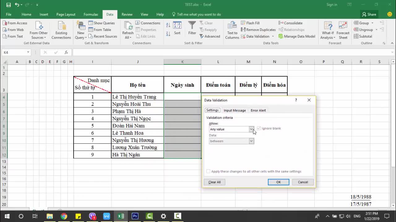 Hướng dẫn cách giới hạn giá trị nhập trên Excel