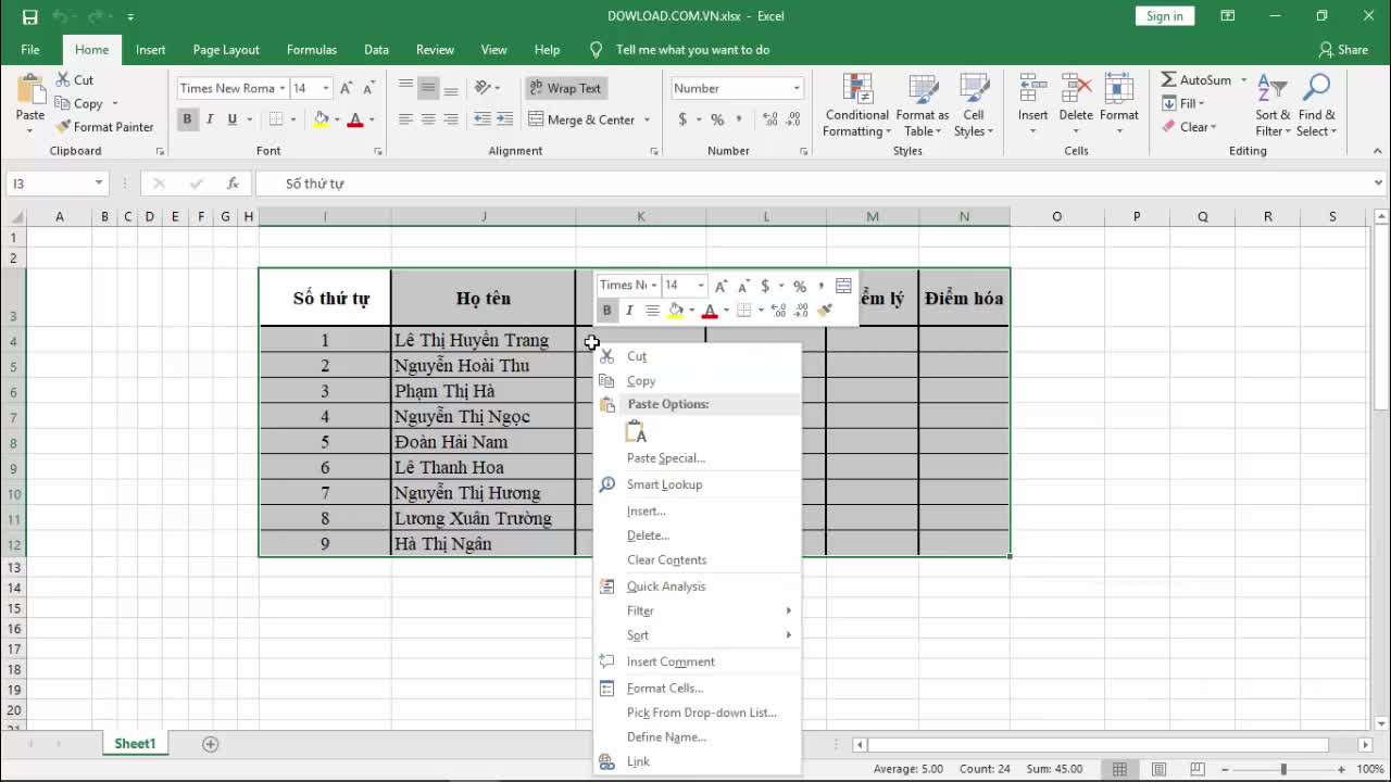 Chuyển cột thành dòng và chuyển dòng thành cột trong Excel