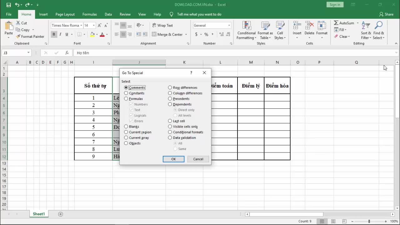 Cách xóa dòng trắng trên Excel