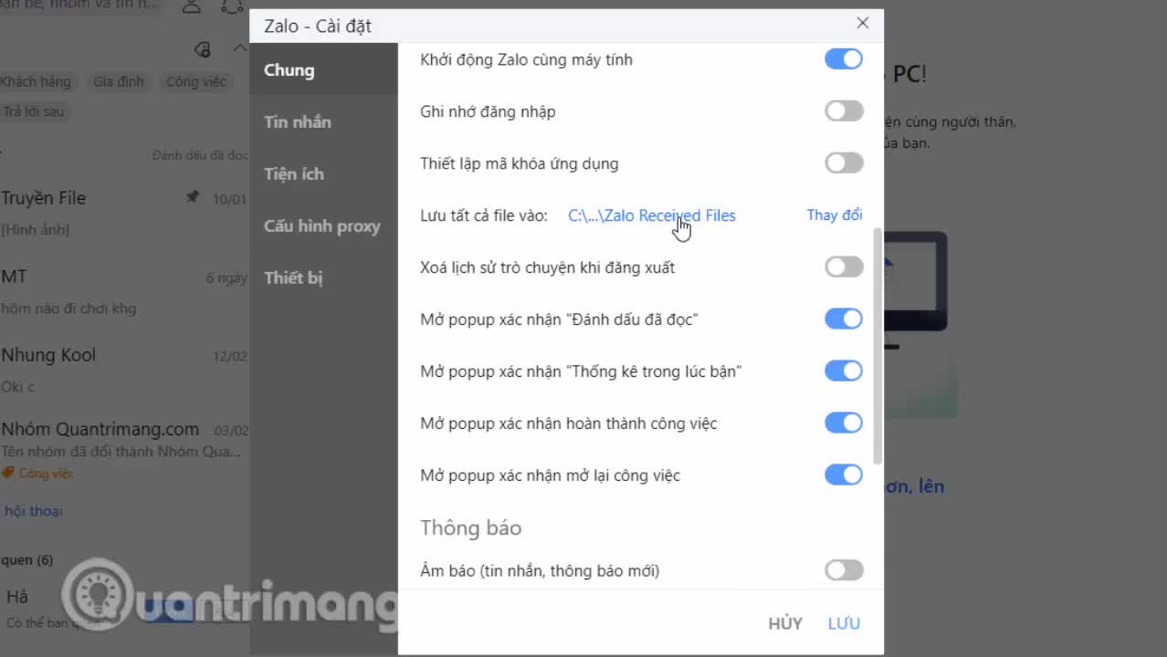 Cách đổi thư mục lưu file trên Zalo PC