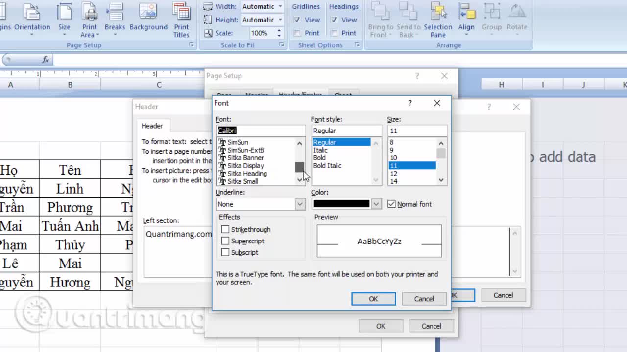 Cách chèn gạch chân Header và Footer Excel