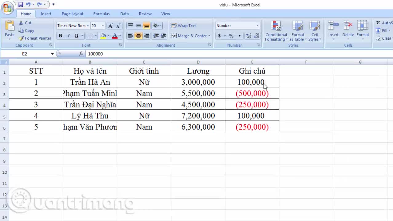 Cách tạo dấu ngoặc cho số âm trên Excel