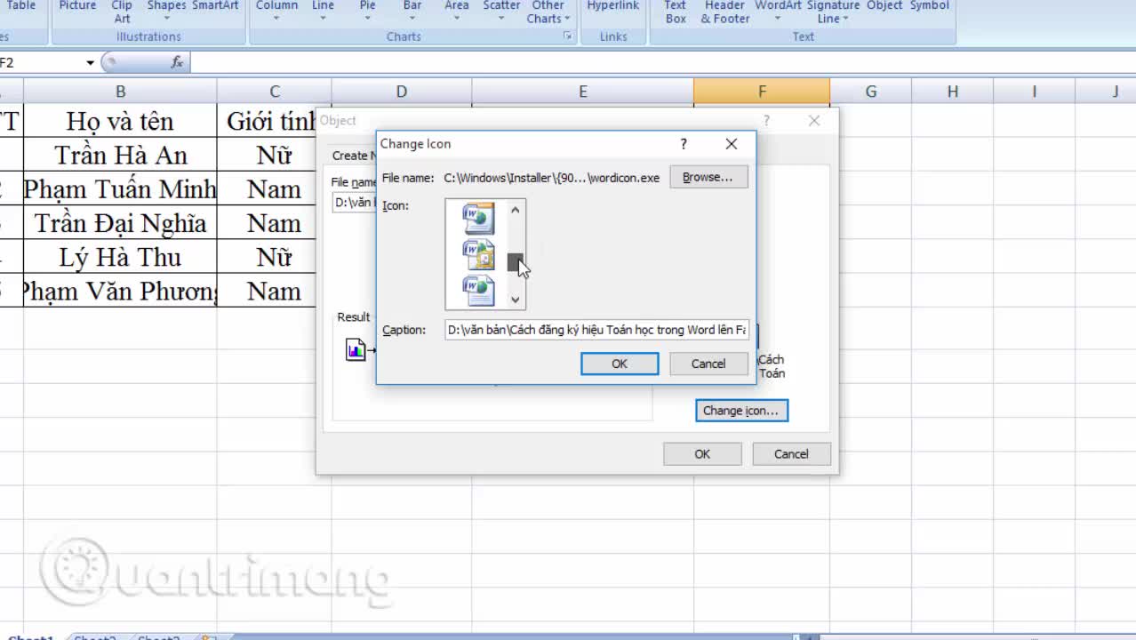 Cách chèn Word vào trong file Excel