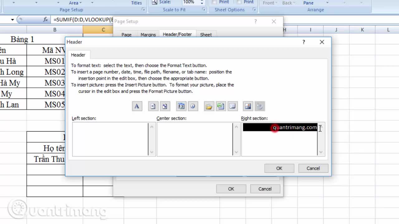 Cách chèn Header trên Excel