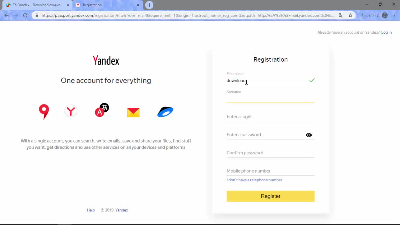 Hướng dẫn đăng ký tài khoản Yandex
