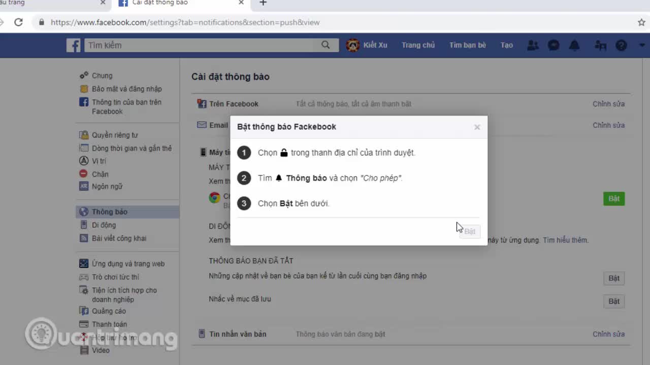 Cách bật thông báo Facebook trên Chrome
