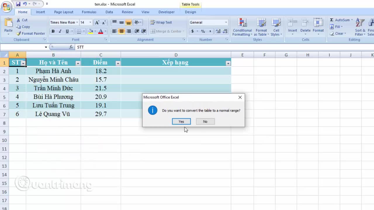 Cách xóa định dạng bảng trong Excel