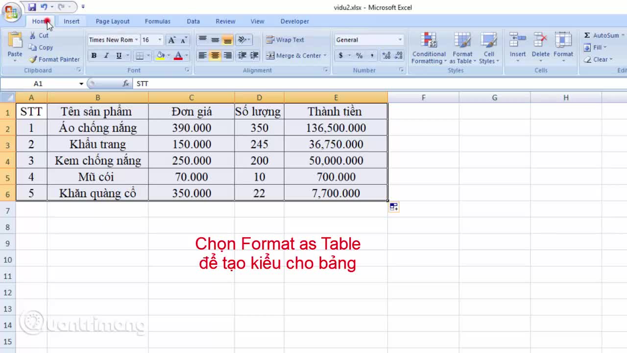 Cách tự động tính tổng, copy hàm trong Excel
