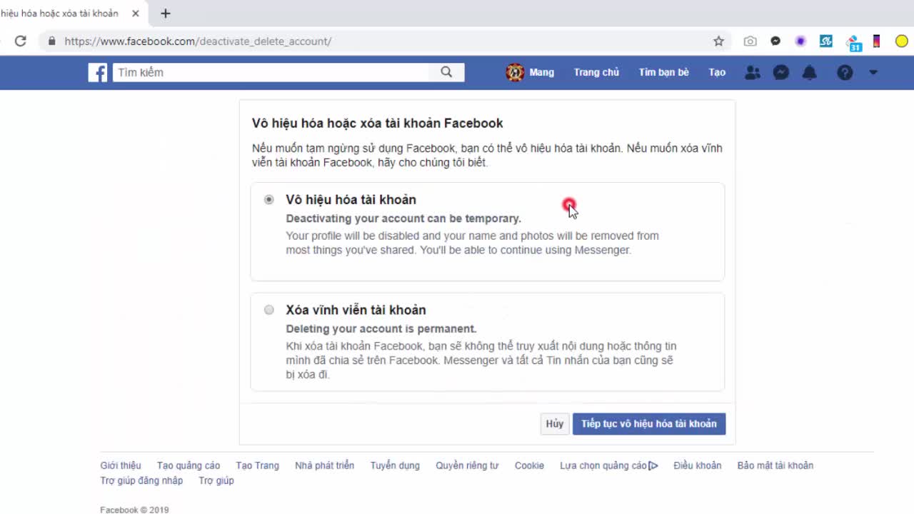 Cách xóa tài khoản Facebook tạm thời