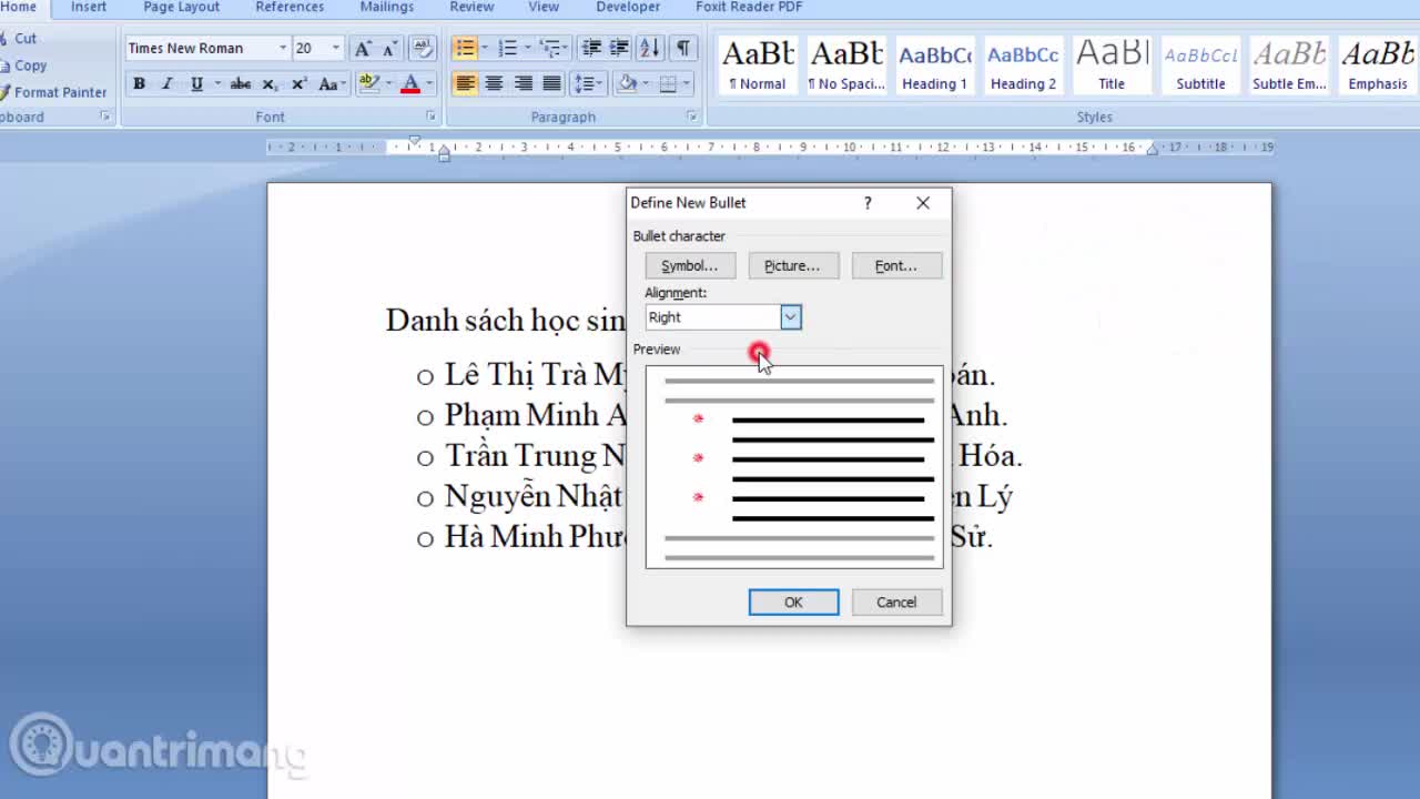 Cách tạo số thứ tự đầu dòng Word