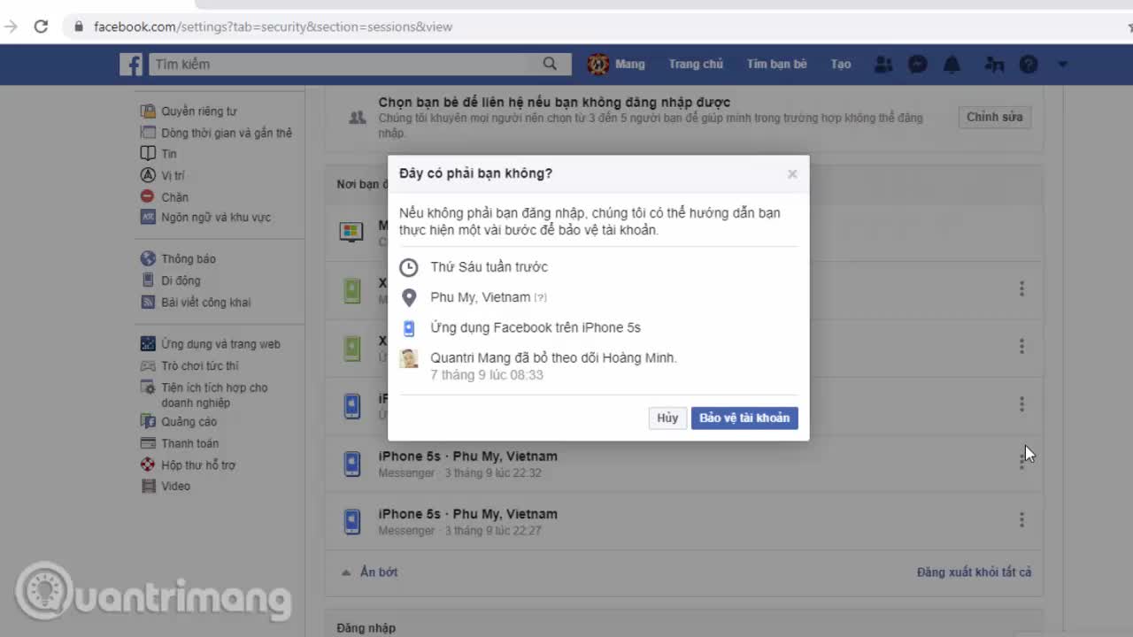 Hướng dẫn đăng xuất từ xa trên Facebook PC
