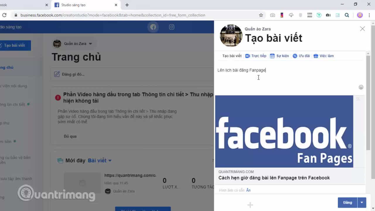 Cách lên lịch Fanpage qua Creator Studio