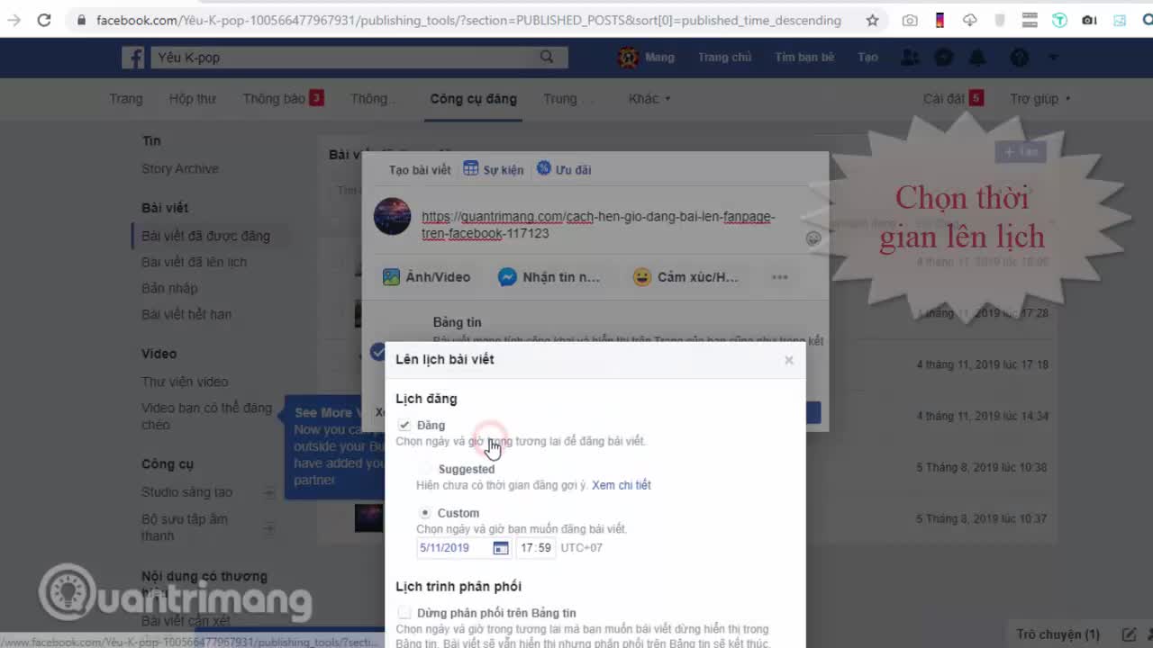 Cách lên lịch đăng bài Fanpage bằng Công cụ đăng