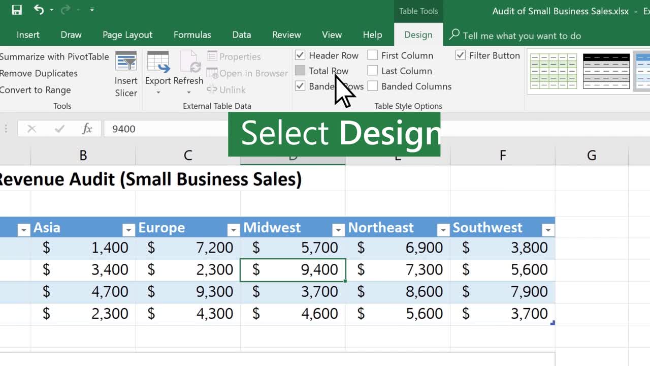 Thêm hàng tổng vào bảng Excel