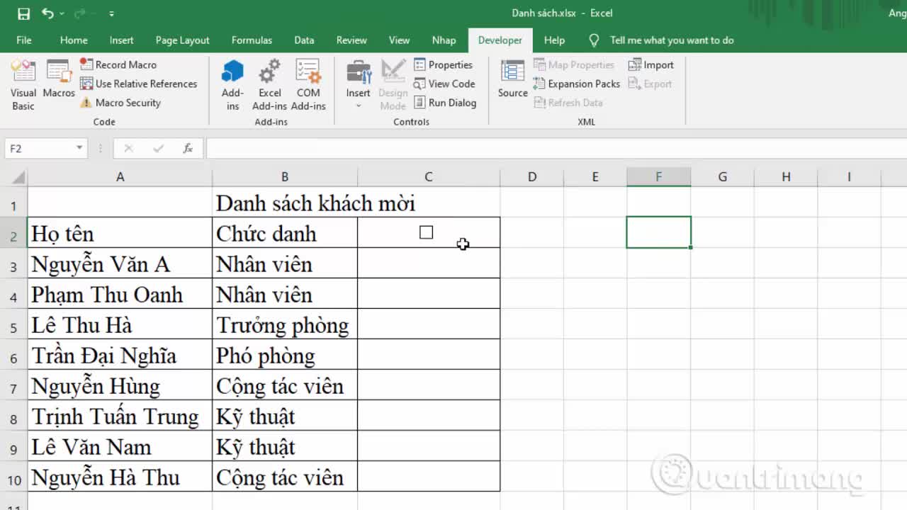 Cách tạo checkbox trong Excel