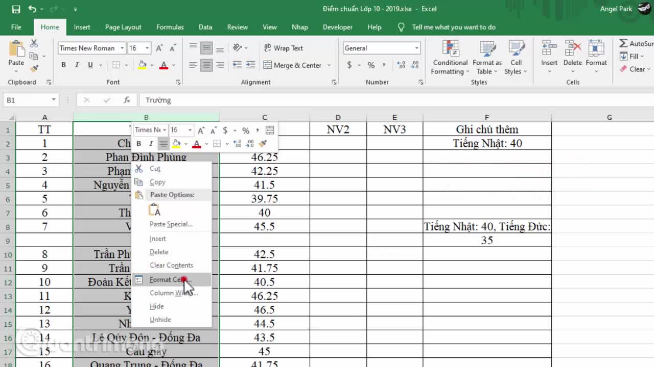 Cách khóa cột trong Excel