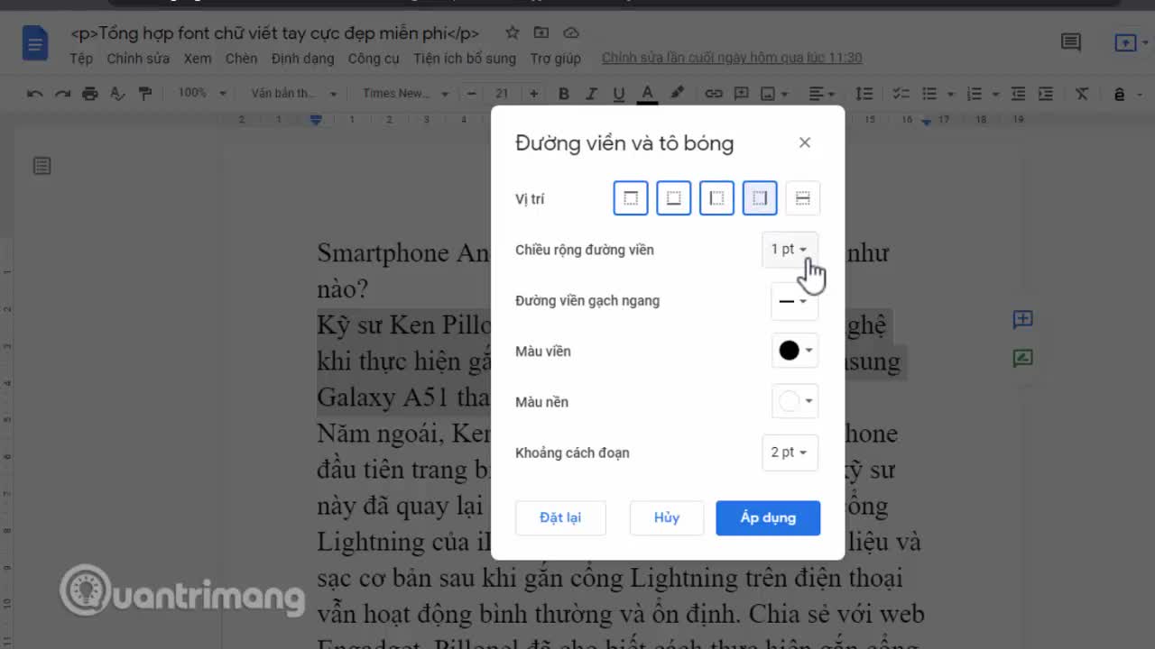 Cách tạo đường viền màu đoạn văn Google Docs