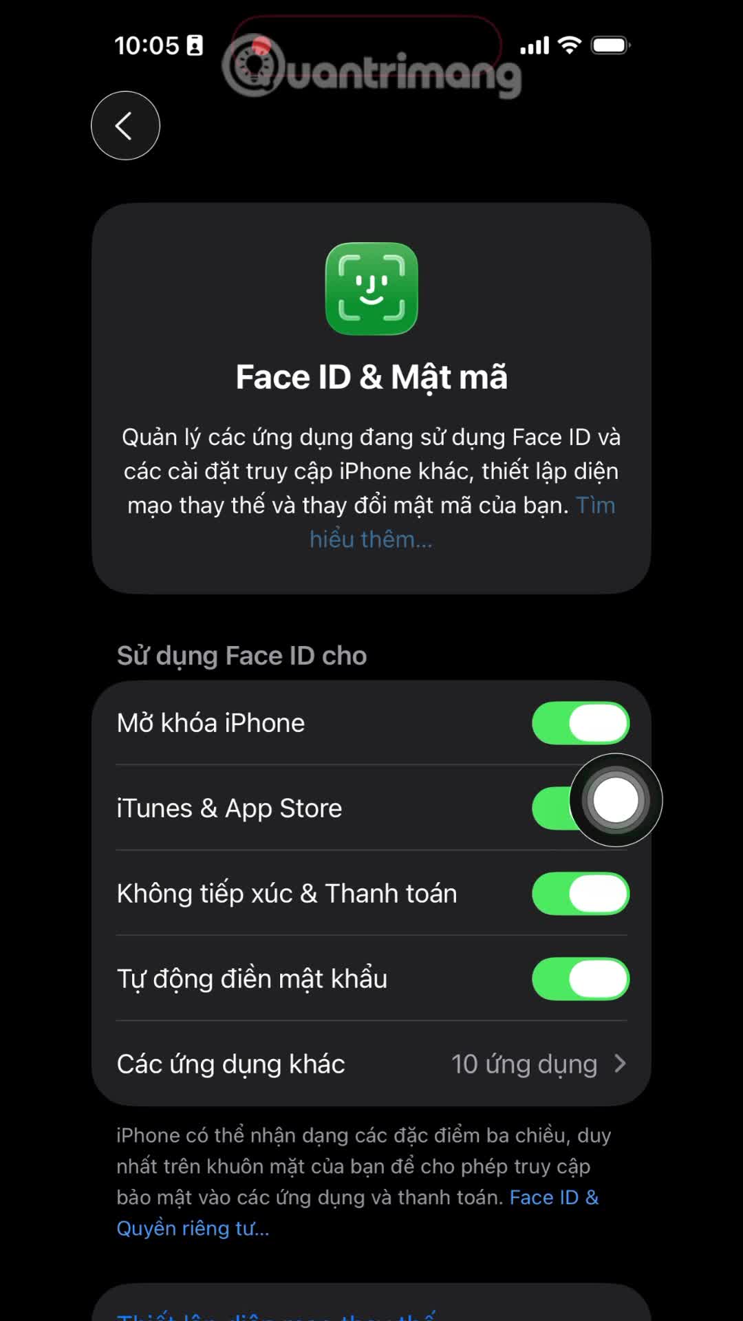 Hướng dẫn quản lý ứng dụng truy cập Face ID