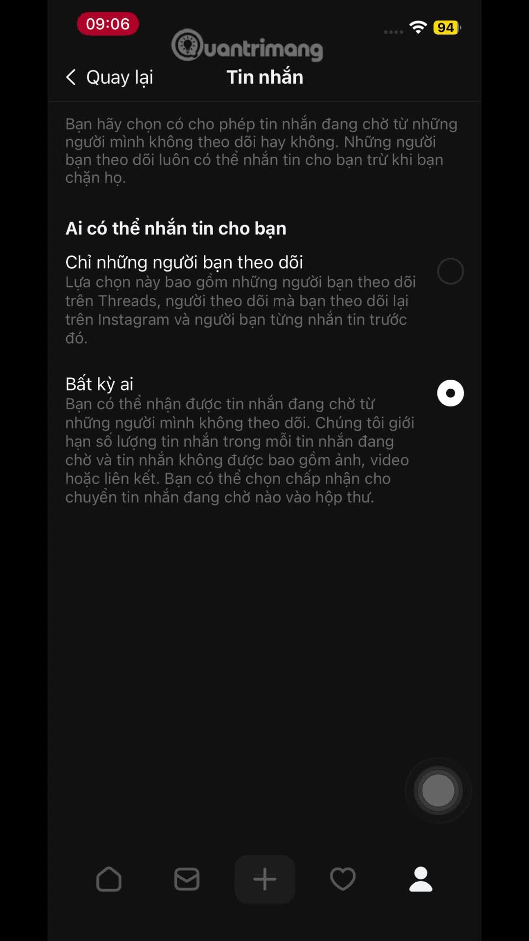 Cách chặn tin nhắn người lạ trên Threads
