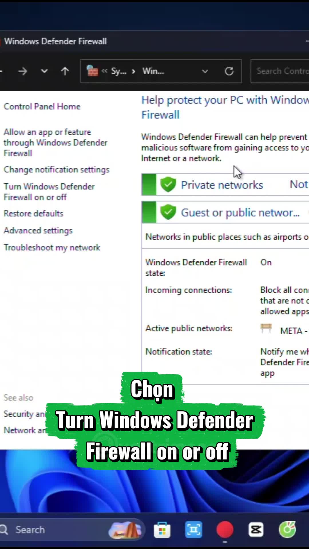 Cách tắt tường lửa Windows 11 bằng Control Panel