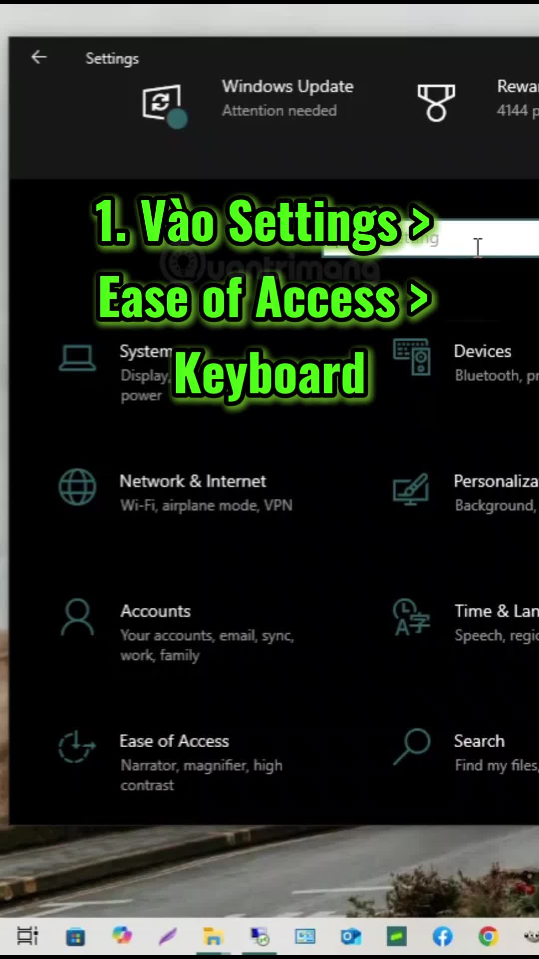 Kích hoạt bàn phím ảo trong Settings: Ease of Access
