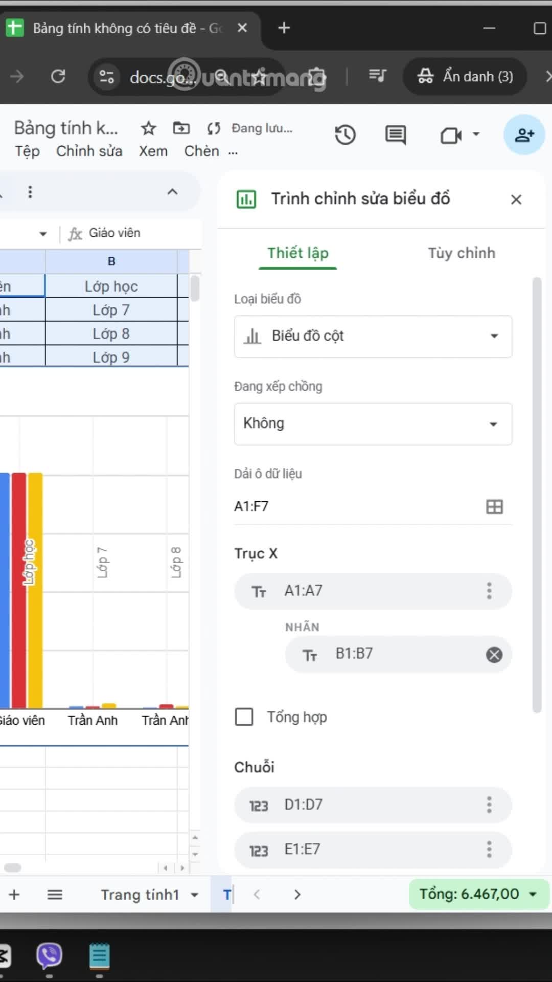 Hướng dẫn tạo biểu đồ thanh xếp chồng Google Sheet