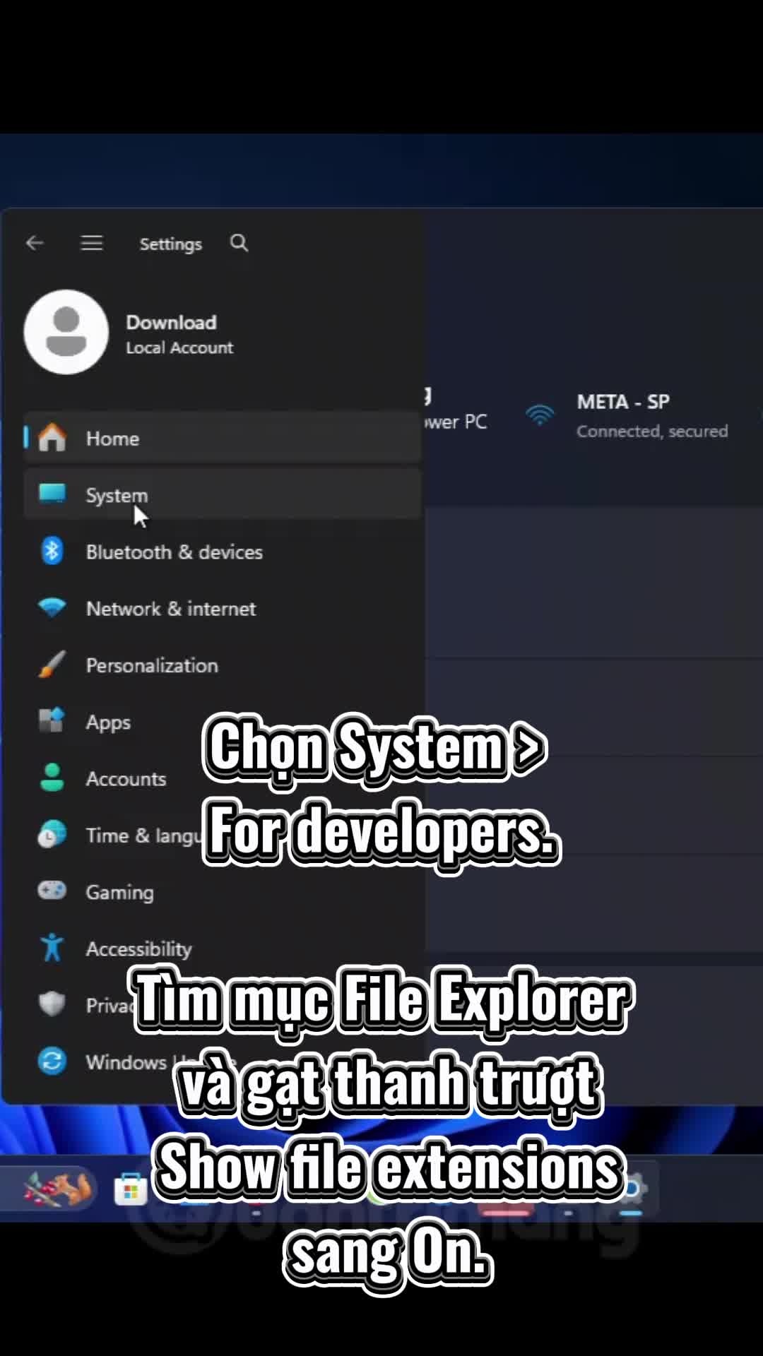 Kích hoạt hiển thị đuôi file trong Windows Settings của Windows 11