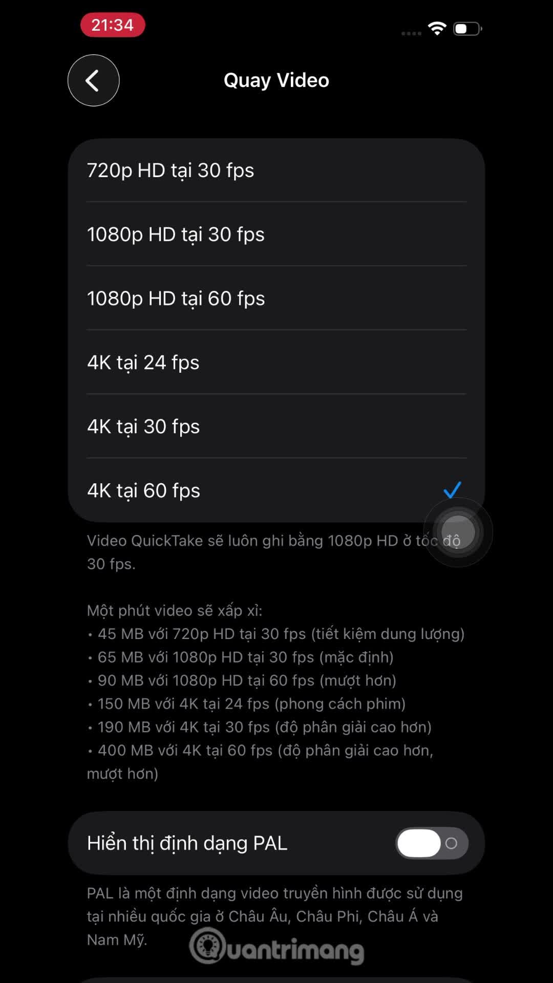 Cách đổi thiết lập quay video iPhone 
