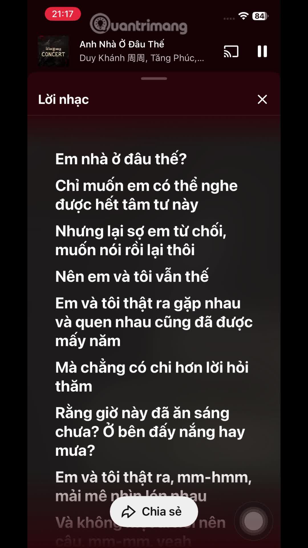 chia sẻ lời nhạc trên YouTube Music