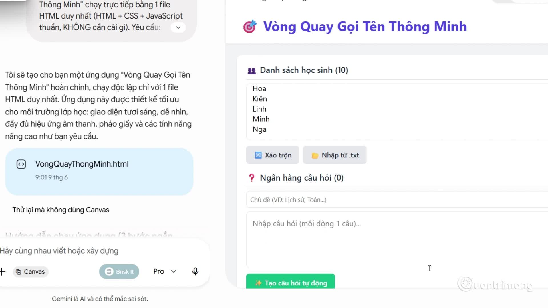Tạo vòng quay gọi tên học sinh trên Gemini