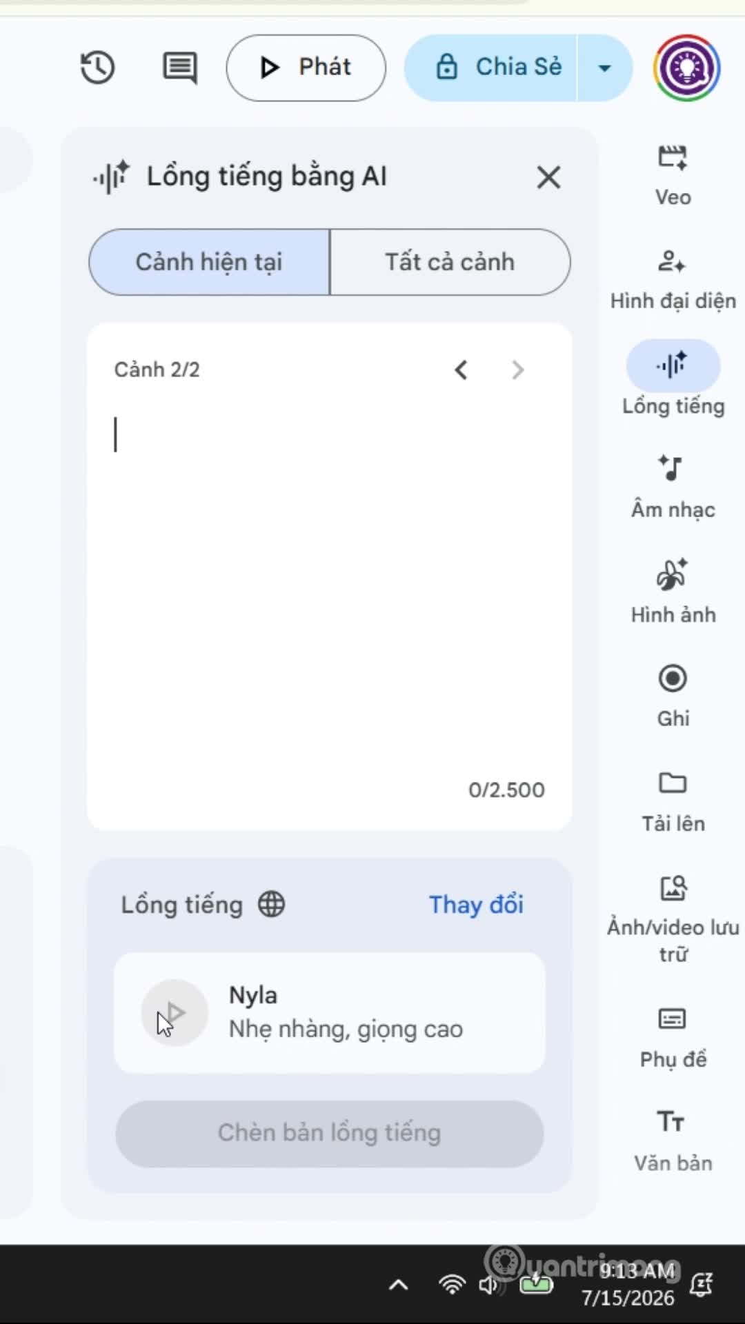 Lồng tiếng vào video Google Vids